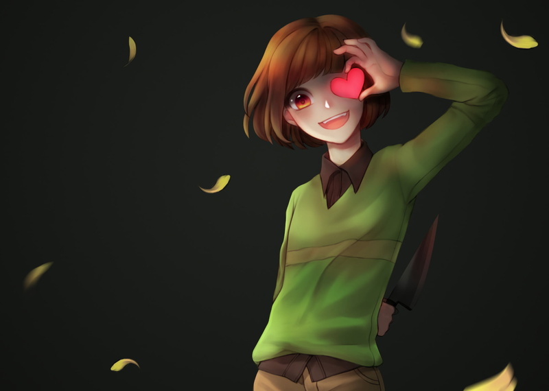 1080P, young adult, Knife, lifestyles, looking at camera, character, Orange Eyes, indoors, three quarter length, Chara (Undertale), adult, Heart