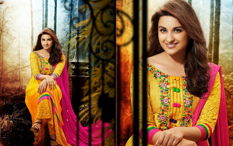 anarkali, front view, pink, photo, smiling, widescreen, 2K, floral, hair, collage, beautiful woman, green, yellow, young women, clothing, chopra