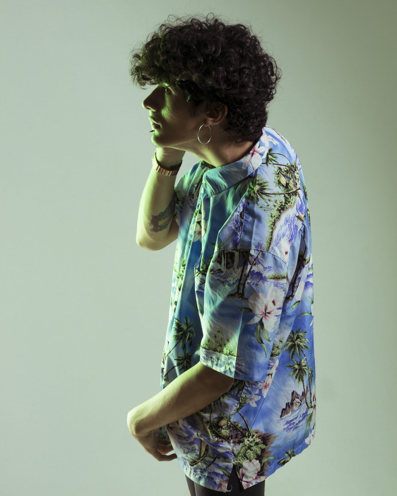 shirt, side, floral pattern, lifestyles, green, blue, childhood, floral, light, waist up, casual clothing, man, fresh, 4K, innocence, cut out, one person