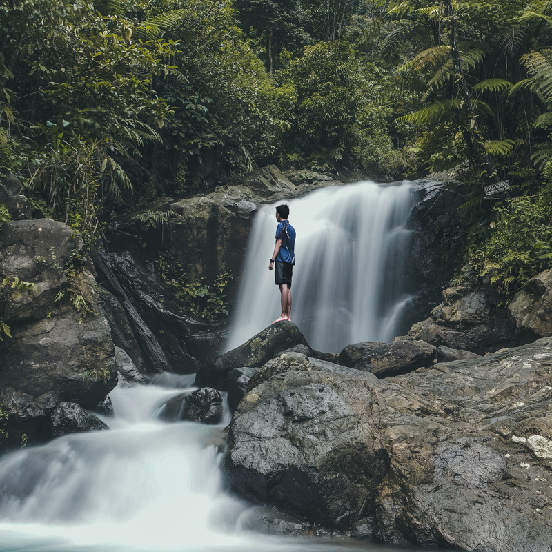 standing, river, blue, scenics - nature, plant, motion, flowing, front, waterfalls, man, one person, tree, beauty in nature, Waterfall, top, scenics, women