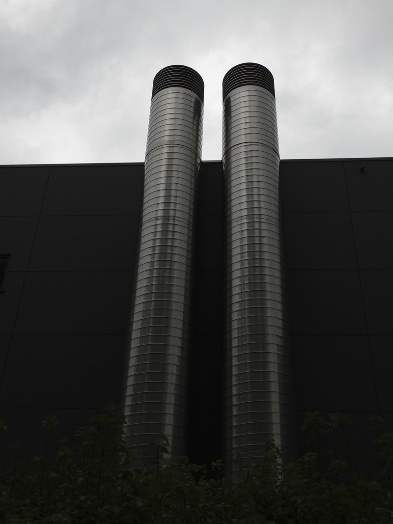 low angle view, chimney, metal, outdoors, smoke stack, factory, building exterior, exhaust air, office building exterior, tower, architecture, industry