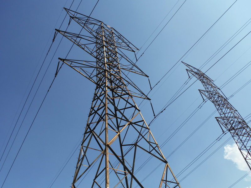 voltage, brown, steel, blue, tower, sky, clear, built structure, metal, height, electrical, complexity, outdoors, engineering, connection, low angle view