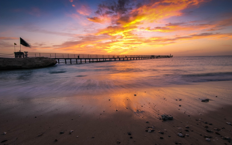sunset, 4K, the ocean, beach, Port Ghalib, stones, shore, Marsa Alam, Egypt, clouds