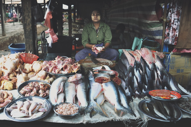 preparing food, sea life, person, market, choice, retail, 2K, teen, bazaar, clothing, market stall, food and drink, myanmar, animal, wellbeing, herring