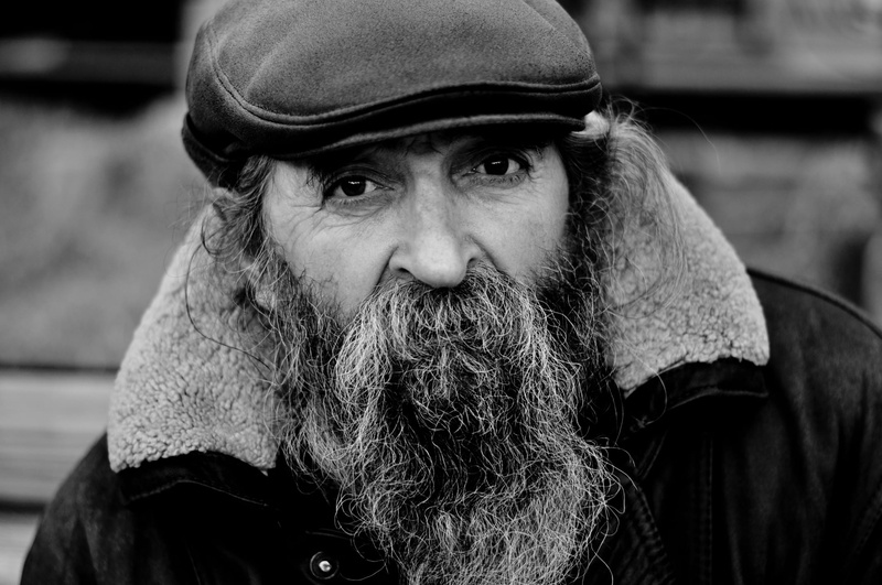 front view, clothing, men, warm clothing, leisure activity, elderly, male, beard, black-and-white, adult, man, face, facial hair, old person, mustache