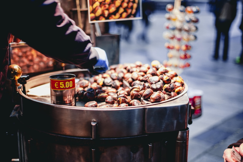 vendor, adult, food and drink, retail, street food, stall, market, snack, fresh, freshness, chestnut, price, cooking, food, 5K, man, preparation, focus on foreground