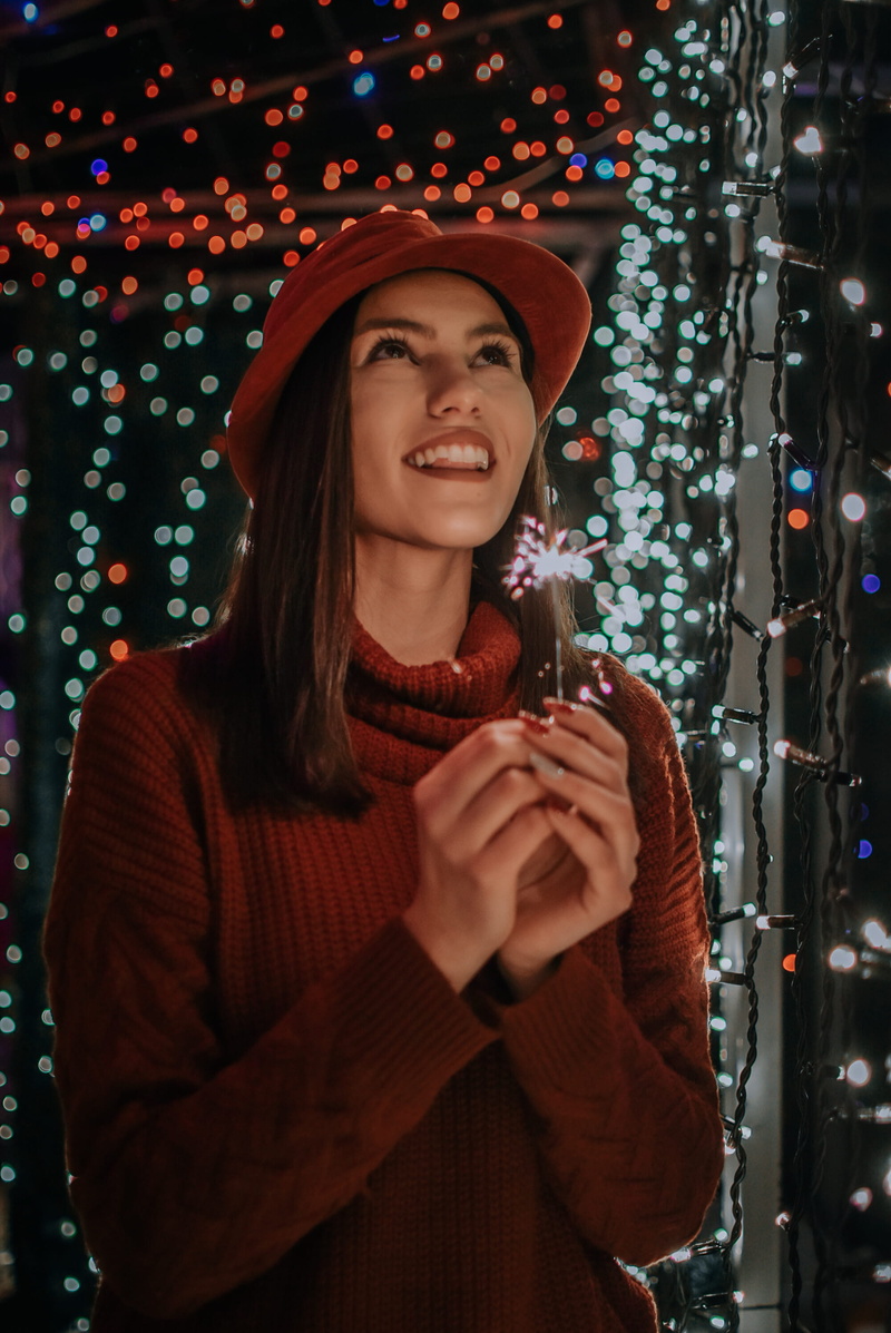 christmas, lights, plant, blossom, holding, flower, portrait, leisure activity, bonnet, long sleeve, women, glass, hat, beautiful woman, clothing, smiling