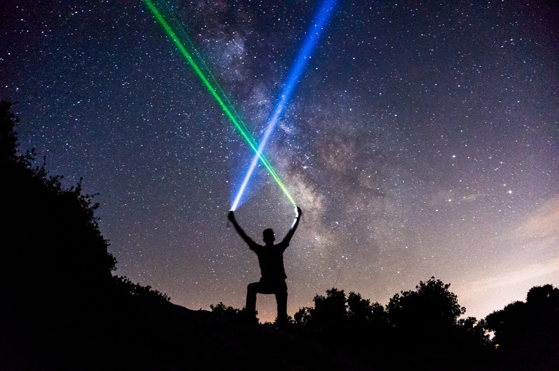 arms raised, flashlights, landscape, glowing, vacations, mountain, dark, sun, females, star field, limb, success, human limb, standing, real people, starry sky