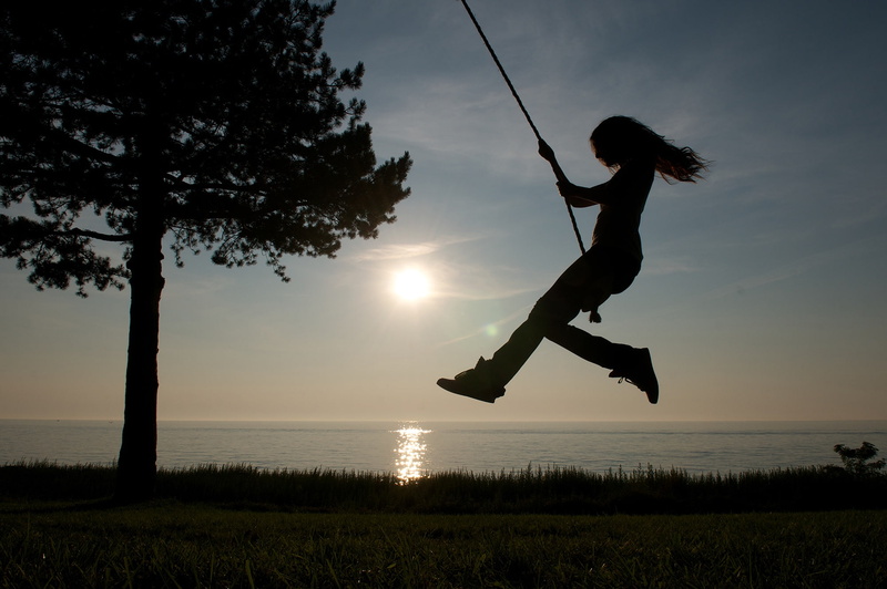 grass, Victoria Justice, tree, horizon, girl, World Wide Day Of Play, sea, the sky, silhouettes, 1080P, rope, swing, the sun, shore