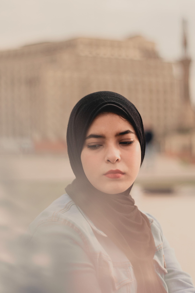beautiful woman, daytime, front view, photography, hijab, contemplation, adult, human, bonnet, beauty, focus on foreground, sweatshirt, leisure activity