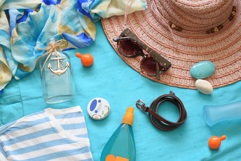 clothing, beach knick-knacks, summer flat lay, holiday, holidays, beside, vacation, hat, tablecloth, sunscreen, absence, flatlay, flat lay, still life