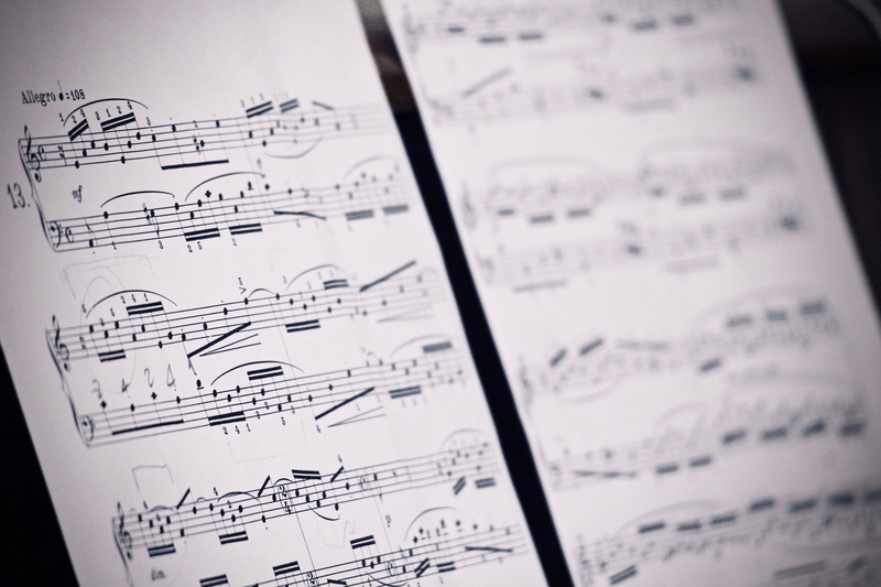 notes, musical note, harmony, high angle view, arts culture and entertainment, communication, piano, sound, black and white, 5K, publication, melody, performance