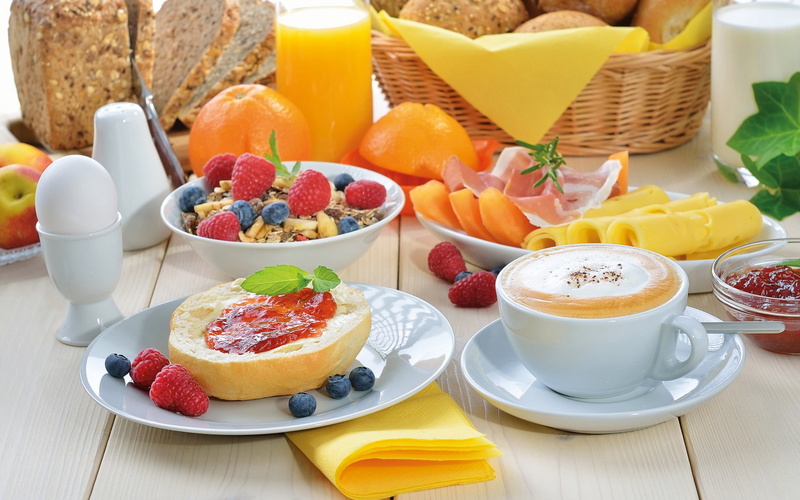 bread, fruit, blueberries, coffee, strawberries, 1080P, healthy, pie, food