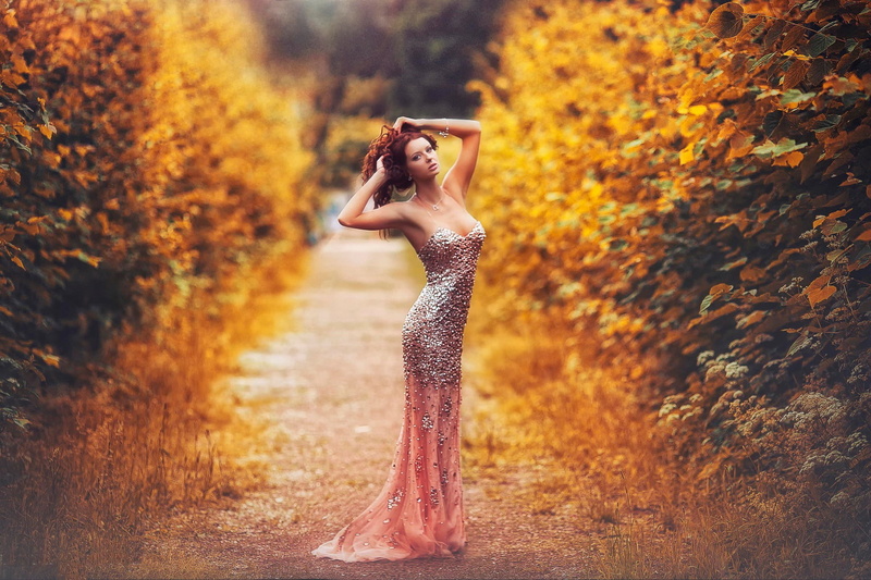 land, plant, fashion, redhead, young adult, model, Karen Abramyan, clothing, standing, dress, forest, women, change, real people, casual clothing, hairstyle