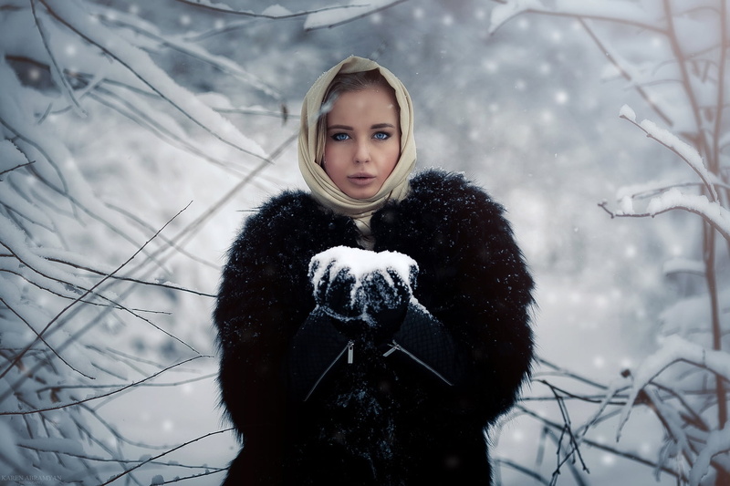 looking at camera, portrait, model, Karen Abramyan, 720P, one person, leisure activity, plant, fur coats, beautiful woman, tree, blonde, standing, winter