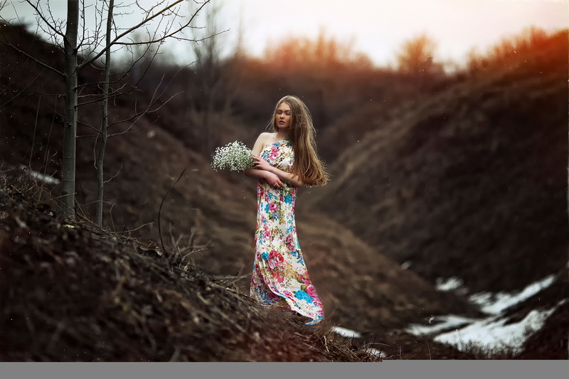flowers, girl, 1080P, bokeh, nature, Karen Abramyan, the arrival of spring, dress