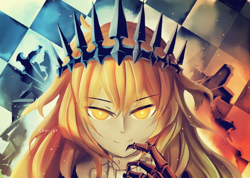 rock, chariot, blonde, crown, 720P, kagari, sekigan, long, izuriha, eyes, black, shooter, hair, signed, close, yellow