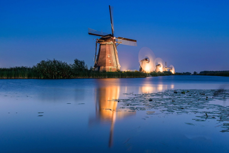 Kinderdijk, night, 1080P, channel, Netherlands, windmill, lights