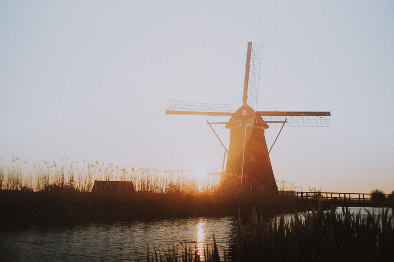 wind power, netherland, time, lake, sunrise, water, sky, rural Scene, outdoors, landscape, kinderdijk, no people, travel, park, environment, architecture