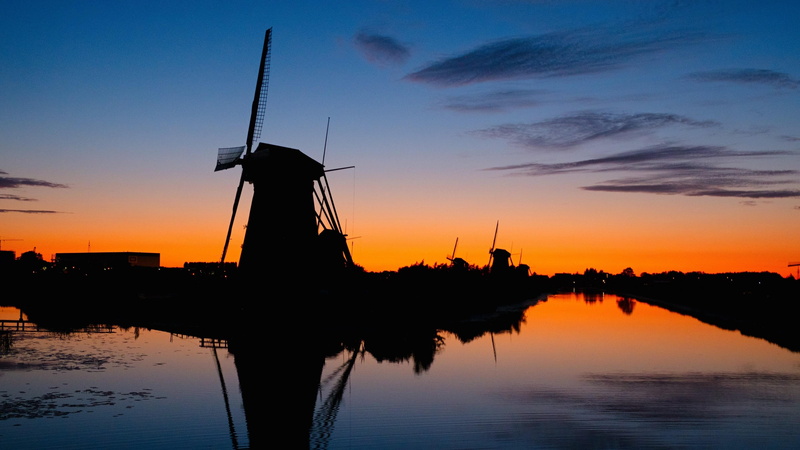 evening, netherlands, reflection, mill, cloud, unesco world heritage site, turbine, eu, village, wind turbine, 4K, calm, europe, afterglow, water, environmental conservation