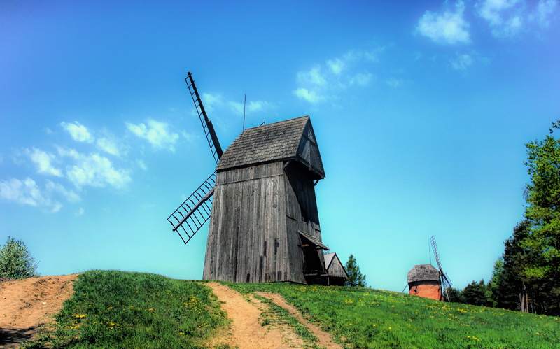 plant, old, architecture, lawn, environment, wind turbine, cloud - sky, turbine, grass, field, green color, built structure, mill, alternative energy, no people