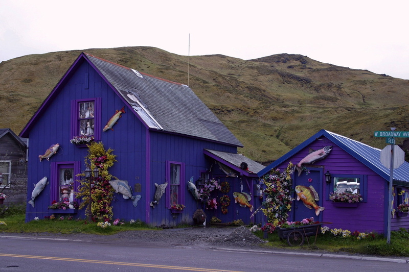 no people, house, architecture, houses, street, plant, alaska, purple, dutch harbor, village, mountains, road, outside, outdoors, landscape, city, clear sky