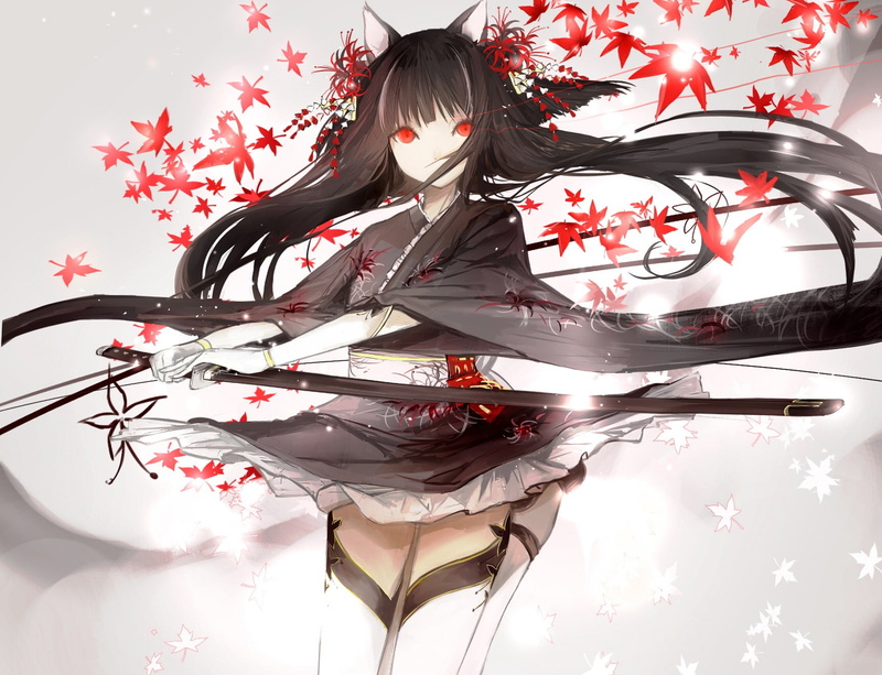 wearing, red, katana, woman, top, one person, black, shape, young adult, indoors, red eyes, plant, nature, women, holding, sword, lifestyles, pattern, hair