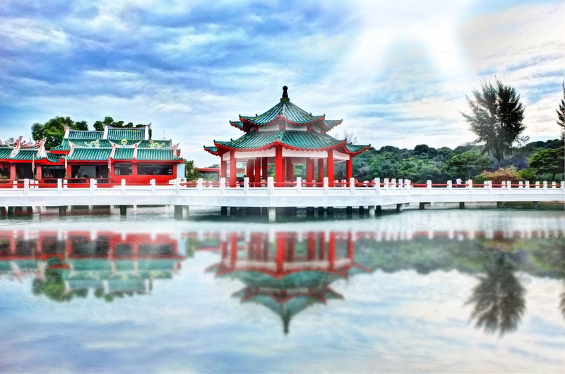 water, historical, built structure, architecture, place of worship, religion, cloud - sky, temple lake, time, lake, ancient, sun, 2K, temple, day, cloud
