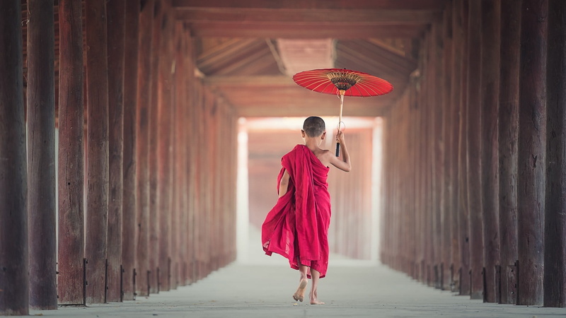 child, dress, buddhist, place of worship, religion, full length, leisure activity, adult, buddhism, building, monk, one person, young, walking, clothing