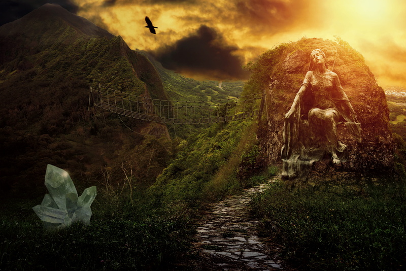 plant, mountains, tree, fantasy landscape, mysterious, atmosphere, statue, photoshop, hawk, rock - object, scenics - nature, magic, mountain, bridge, rock
