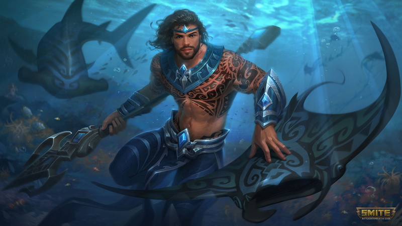 Smite, Trident, Poseidon (Smite), 4K, Video Game, Tattoo, Manta Ray, Warrior, Underwater, Man, Shark