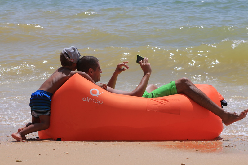 outdoors, lifestyles, inflatable, human arm, sol, nature, summer, costa, orange, adult, algarve, father and son, tranquility, time, happy, two people, beach