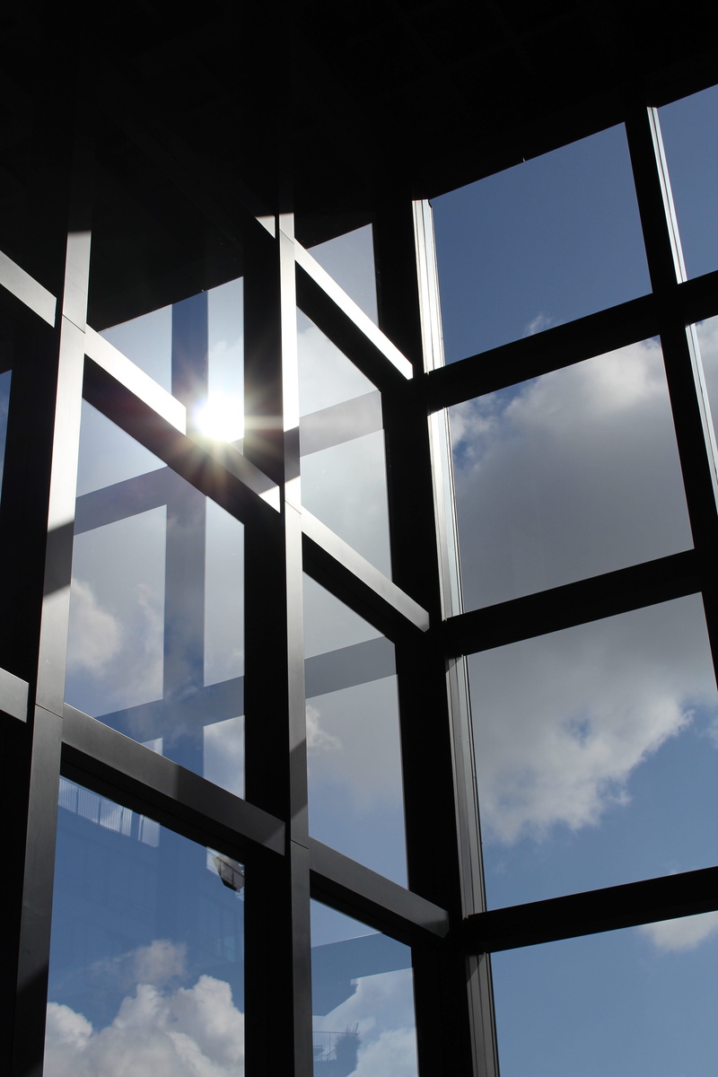 blue, windows, window frame, perspective, architecture, building, clouds, good looking, nantes, day, reflections, design, metal, skylight, sun, full frame