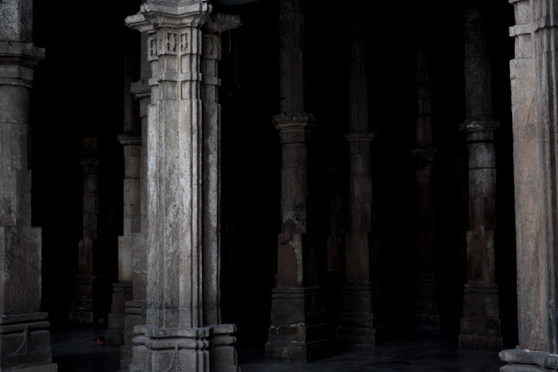 building, travel destinations, dark, architectural column, tourism, old, ancient civilization, mosque, day, archaeology, ahmedabad, belief, old ruin, ancient