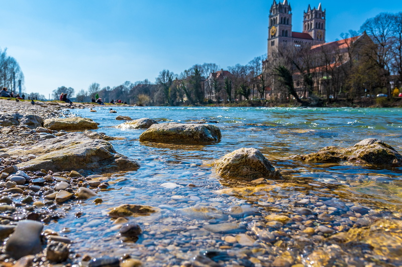 tranquility, no people, water, rock, built structure, flowing, solid, waterfront, bavaria, tranquil scene, architecture, nature, munich, outdoors, tree