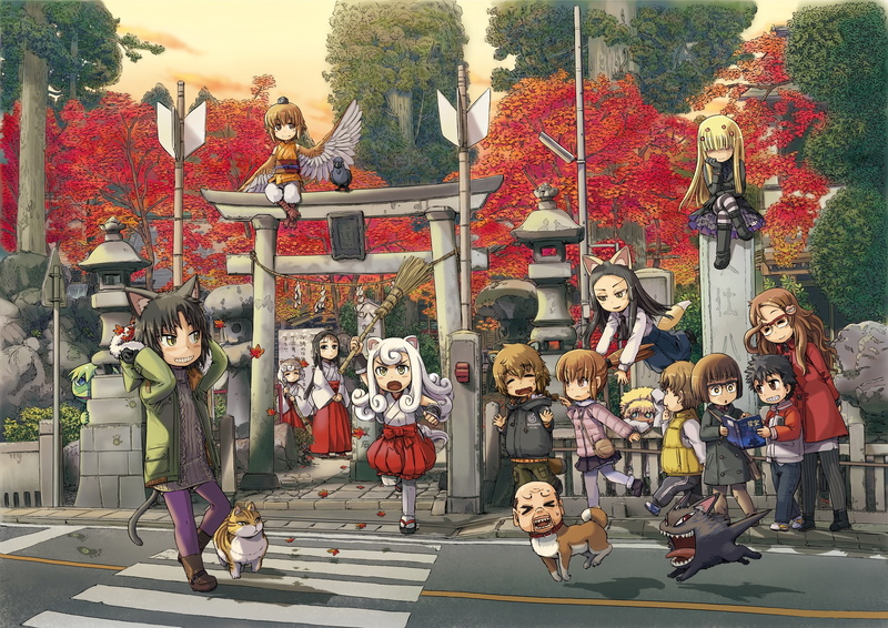 michikusa, dog, altitude, cat, tail, musume, clothes, group, japanese, attitude, catgirl, neko, wings, nikki, bird, miko, 1080P, animal, torii, ike