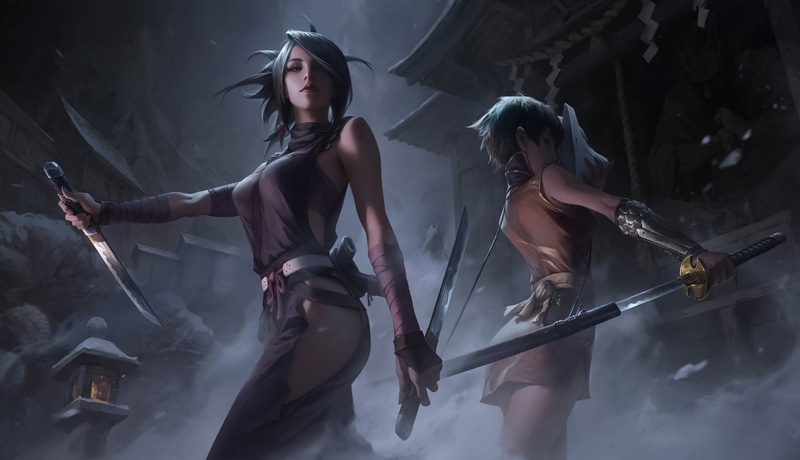 XiaoGuang Sun, drawing, night, weapon, low-angle, dagger, women, wind, video game art, katana, Wakizashi, assassins, 1080P