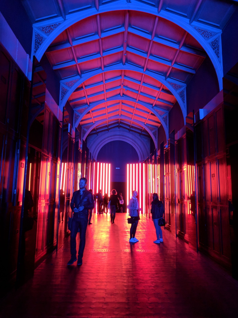 alley, people, neon, the way forward, red, roof, 4K, group of people, flooring, nighttime, lighted, art, architectural column, lifestyles, travel, direction