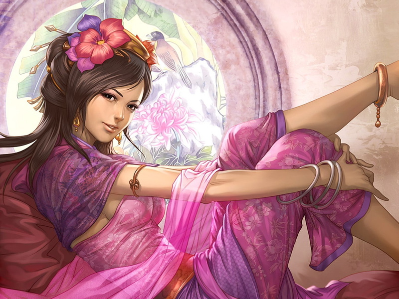 front view, real people, earrings, Dynasty Warriors, artwork, looking at camera, hairstyle, Sideboob, one person, Diao Chan, beautiful woman, three quarter length