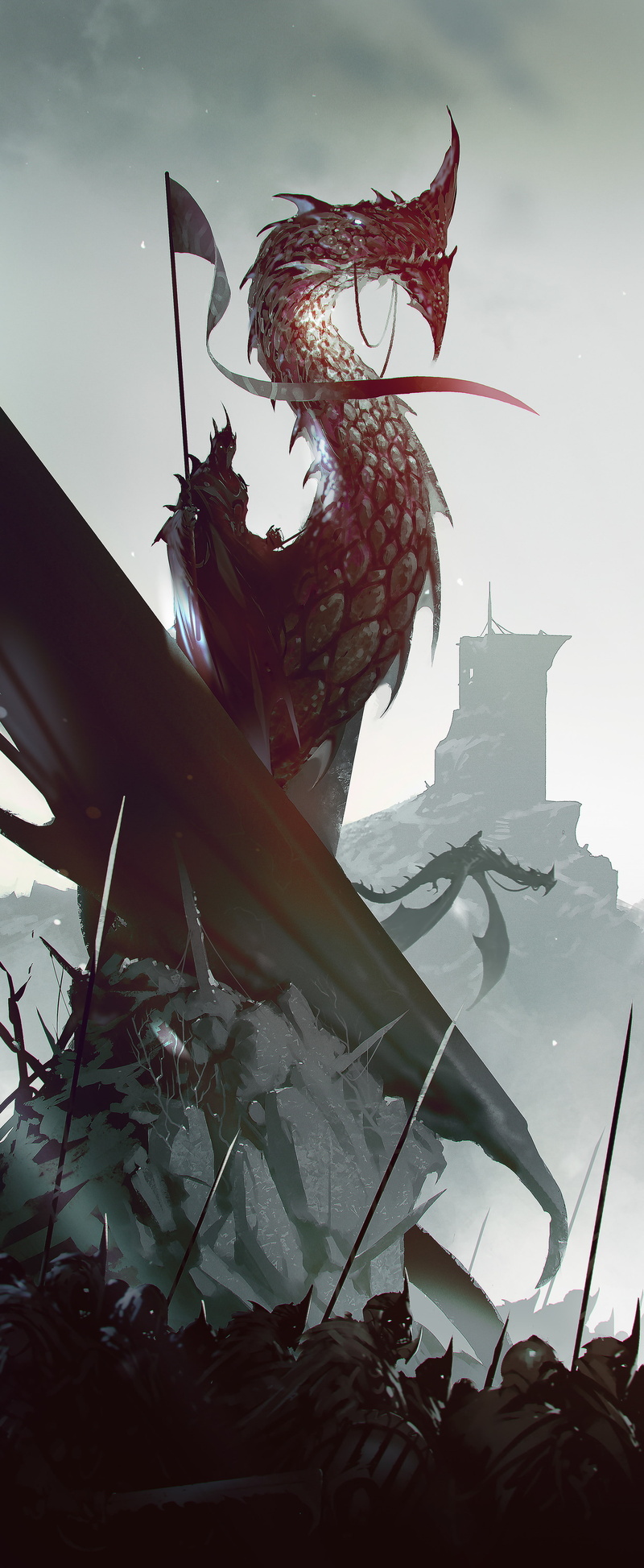 4K, architecture, animal, sky, outdoors, fantasy art, nature, warrior, knight, representation, flower, digital composite, building exterior, bird, creativity