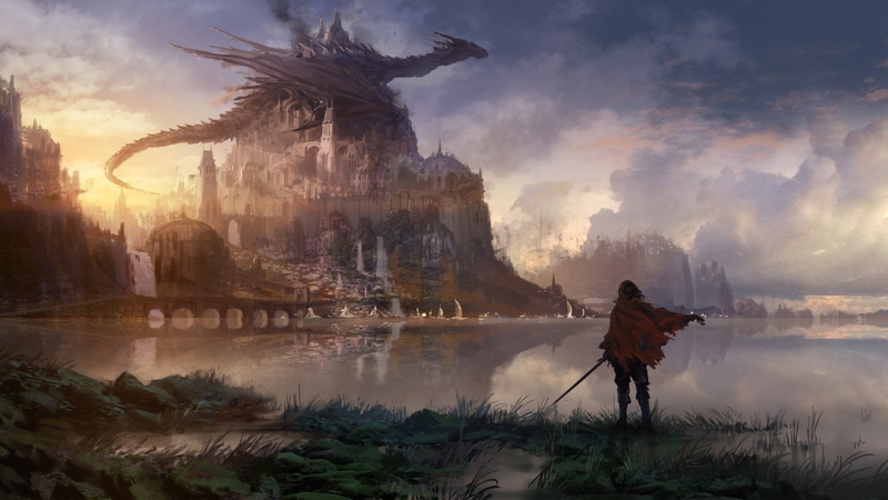 nature, Fantasy, plant, water, reflection, man, sky, sword, built structure, building exterior, digital, facing, Anime, digital composite, holding