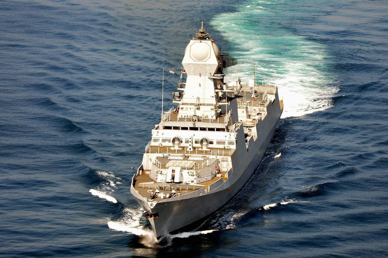 ship, warship destroyer kolkata class, nautical vessel, nature, motion, travel, outdoors, shipping, high angle view, day, mode of transportation, architecture
