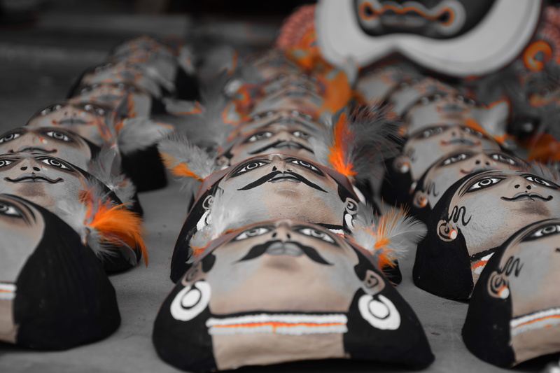 india, in a row, indoors, purulia, creativity, orange color, high angle view, craft, chau dance, 5K, art and craft, chau mask, selective focus, day, west bengal