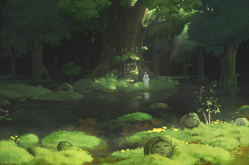 water, beauty in nature, anime girl, sculpture, foliage, forest, shrine, tree, day, trees, plant, male likeness, 720P, cave, nature, outdoors, green color