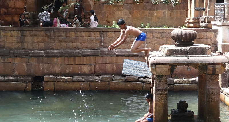 day, mahakoot, dive, india, built structure, fun, shorts, real people, jump, young adult, badami, 1080P, outdoors, swimming, sitting, casual clothing