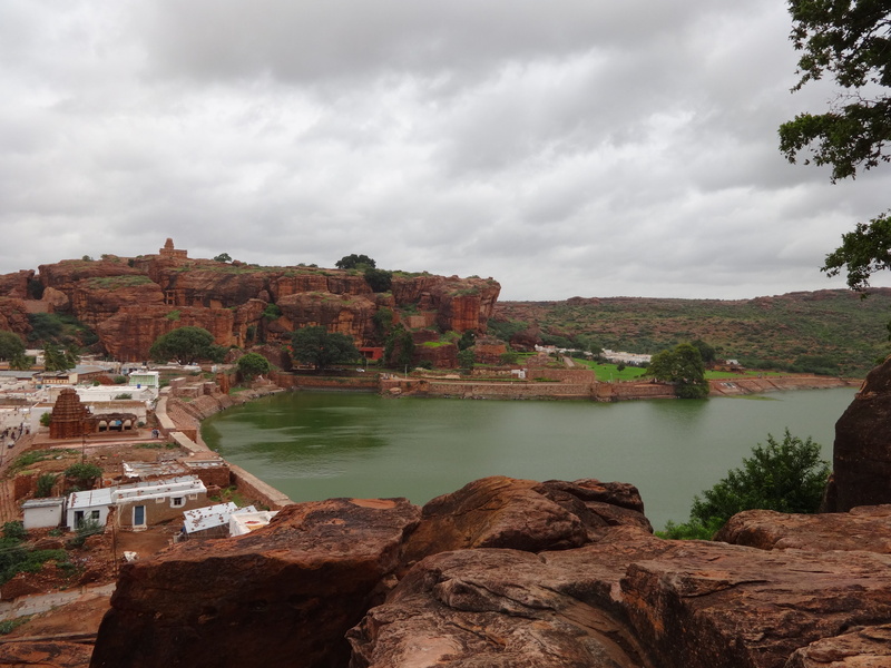 sky, rock, hills, day, architecture, built structure, nature, agasthya lake, overcast, karnataka, badami, rock - object, scenics - nature, temple pond