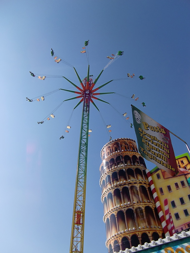 skyscraper, nature, sky, architecture, oktoberfest, leaning tower, ride, fairground, blue, building exterior, low angle view, travel destinations, chain carousel