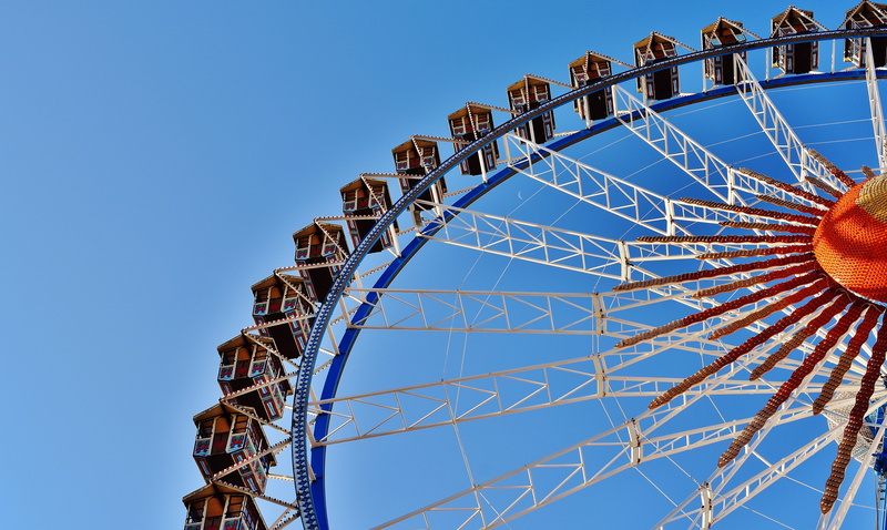 view, fair, shot, large, amusement park, positive emotion, ferris wheel, wheel, leisure activity, outdoors, no people, year market, romantic, emotion, amusement park ride