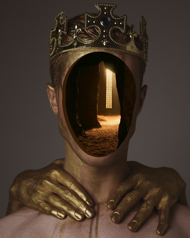 architecture, sculpture, statue, one person, human representation, indoors, hands, meditation, art and craft, golden, gray, craft, crown, obscured face
