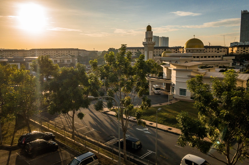 4K, shah alam, outdoors, built structure, tree, land vehicle, no people, architecture, high angle view, plant, dome, car, sunrise, trees, nature, mode of transportation